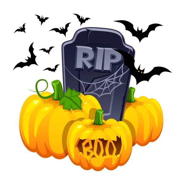 Ilustração Halloween Com Abóboras Lápide Morcegos Objeto Halloween Para Cartão —  Vetores de Stock