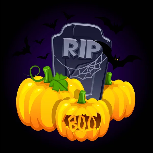 Abóboras Lápides Morcegos Objeto Halloween Para Cartão Saudação Ilustração Halloween —  Vetores de Stock