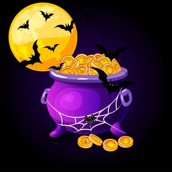 Ilustração Halloween Lua Cheia Pote Dinheiro Aranha —  Vetores de Stock