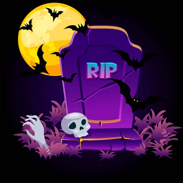 Vollmond Friedhof Totenkopf Und Fledermäuse Als Grußkarte Illustration Halloween — Stockvektor