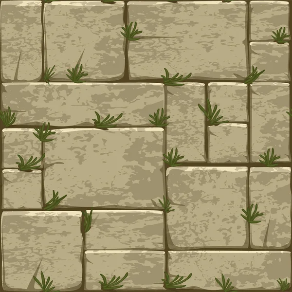 漫画の石舗装シームレスなパターン レンガの壁のテクスチャ 草の上に亀裂岩舗装 石畳のデザイン — ストックベクタ