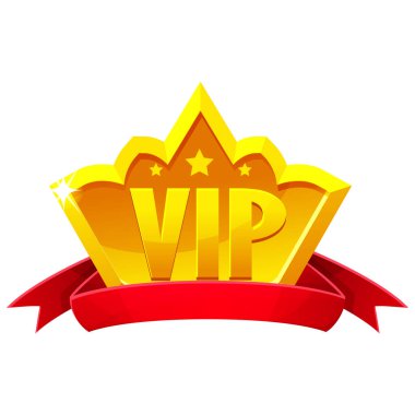 Oyun UI VIP ikonu kırmızı kurdeleli altın taç. Vektör Tasarım simgesi.