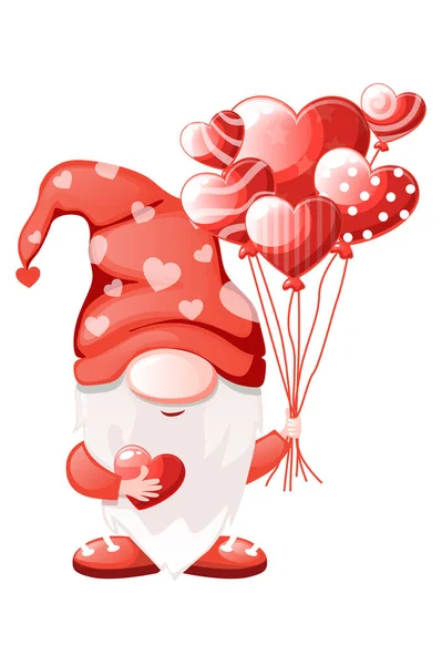 Roztomilý Valentýnský Gnóm Srdcem Tvaru Balónu Vektorové Ilustrace Pro Den — Stockový vektor