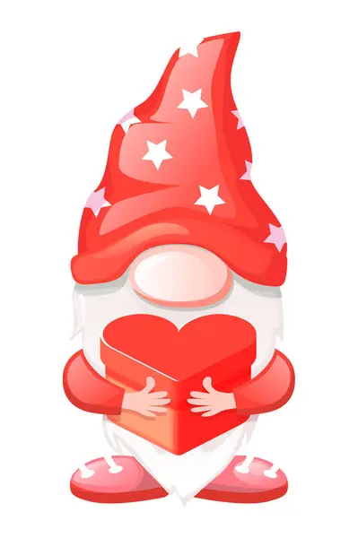 Cute Valentine Gnome Heart Shaped Gift Box Vector Illustration Valentine — Stock Vector