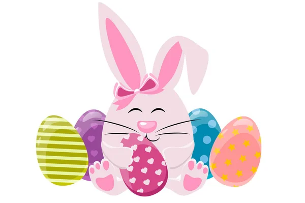 Conejo Pascua Con Huevos Vector Ilustración Lindo Conejito Sosteniendo Huevos — Vector de stock