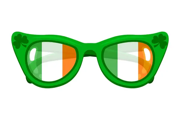 在圣帕克斯节 卡通画上了爱尔兰国旗和幸运的绿色三叶草图案的孤立的绿色太阳镜 — 图库矢量图片