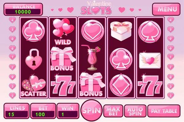 Interface slot machine style St. Valentine. Complete menu of graphical user interface and full set of buttons and icons