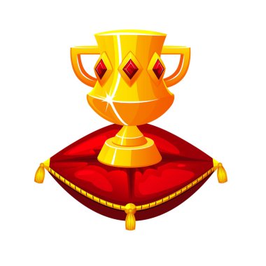 Kırmızı Kadife Yastık 'ta Royal Golden Cup, vektör ikonu. Ödül kupası, altın ödüllü şampiyon zafer kazandı..