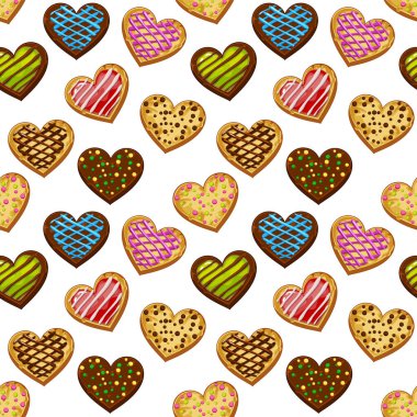 Kalp şeklinde kurabiyeler, kusursuz desenler. Sevgililer Günü için dekore edilmiş bir geçmiş. Paket kağıdı, kartpostallar, tekstil, duvar kağıtları, kumaşlar vs. için desen.