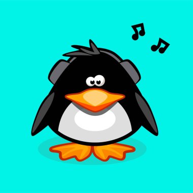 Kulaklıklı penguen müzik dinliyor. Antarktika kuşu, hayvan çizimi.
