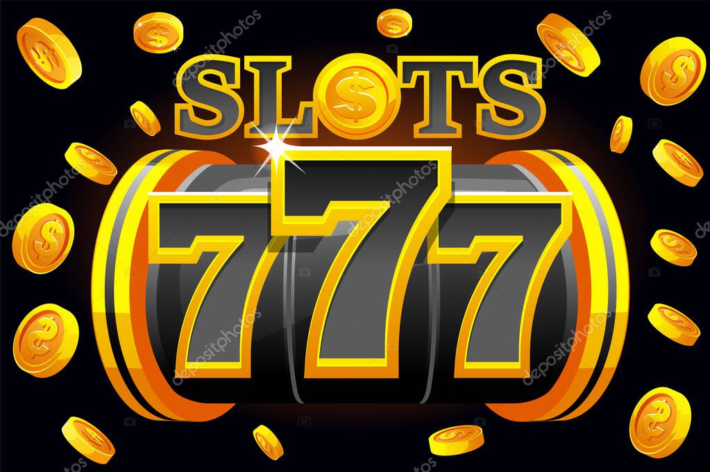 Slot machine 777 with explosion coins. Golden and black Banner for a casino game.