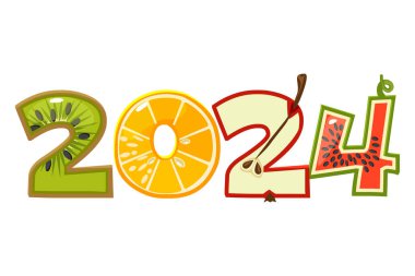 Fruit 2024 takvim tasarımı için. Çizgi film 2025, vektör içindeki meyve sayıları. Yaz mevsimi