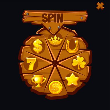 Oyun kullanıcı arayüzü tasarım ögesini döndür. Tahta talih çarkı ya da kumarhane talihi ruleti altın ikonlarla süslenmiş..