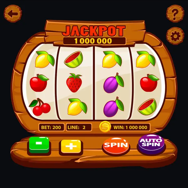 Der Vektor Spielautomat Ist Hölzern Mit Knöpfen Und Fruchtsymbolen Casino — Stockvektor