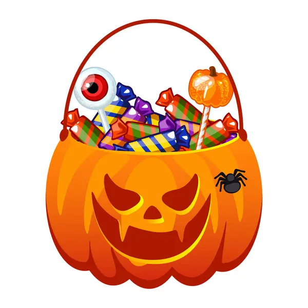 Secchio Zucca Halloween Con Caramelle Pumpkin Bag Viso Spettrale Con — Vettoriale Stock