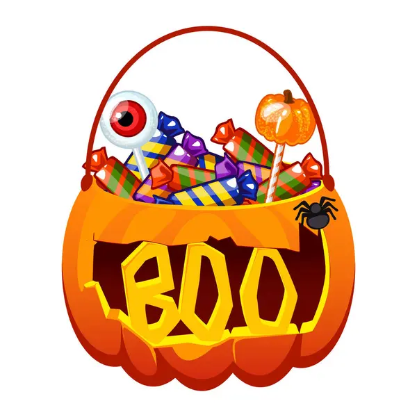 Halloween Eimer Mit Süßigkeiten Kürbisbeutel Mit Lutschern Süßigkeiten Süßigkeiten Korb — Stockvektor