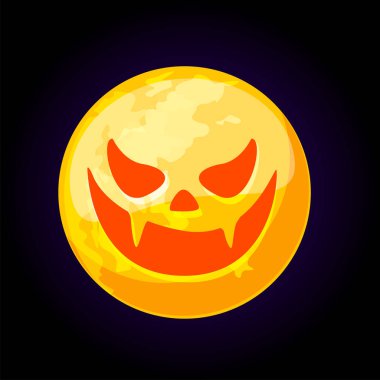 Tebrik kartı için korkunç bir dolunay yüzü. Cadılar Bayramı çizimi.