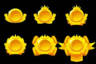 Maçta kazandığın için altın ödüller. Kurdeleli altın madalyaların vektör karikatür simgeleri. Spor ve yarışmada en iyi yer ödülü ya da ödülü. 2B oyun için canlandırma.