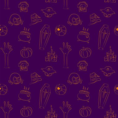 Cadılar Bayramı çizgisi simgeleriyle kusursuz desen. Duvar kağıdı, ambalaj, paketleme ve arkaplan.