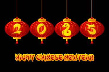 Altın Yılanın Mutlu Yıllar 2025 yazısıyla kırmızı Çin fenerleri. Asya lambaları. Tebrik kartı için oryantal dekorasyon