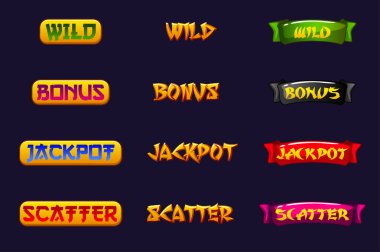Slot Word seti - Kazan, Dağıt, Vahşi, Bonus ve İkramiye. 2D Oyunlar, Kumarhaneler ve Slotlar için Çin Stili Simgeleri. Kumar makinelerinin geliştirilmesi için grafiksel ögeler