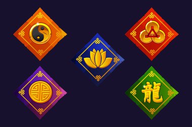 Çin ikonlu renkli kağıtlar. Simgeler için pankart, çerçeve veya şablon. 2D Oyunlar, Kumarhaneler ve Slotlar için Çin Stili Simgeleri. Kumar makinelerinin geliştirilmesi için grafiksel ögeler.