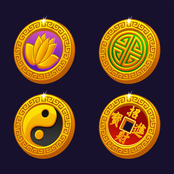A set of Blessing Chinese coins represents good luck or fortune. Chinese Symbols for websites, articles, books, adverts, apps or games. Chinese New Year