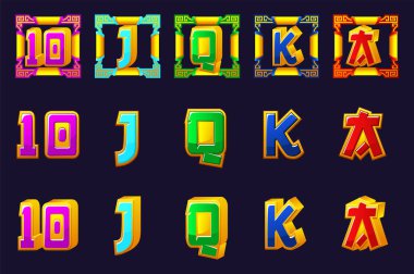 Slot sembolleri - as, kız, papaz, 10, vale. 2D Oyunlar, Kumarhaneler ve Slotlar için Çin Stili Simgeleri. Kumar makinelerinin gelişimi için grafik elementler. Üç kullanım kutusu.