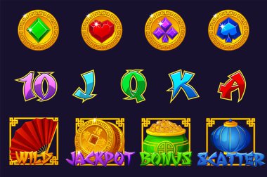 Çin kumar oyunu için tam bir sembol seti. İşte ikramiye, ikramiye, vahşi ve dağınık semboller. Oyun Geliştirme için 12 Çin Simgesi.