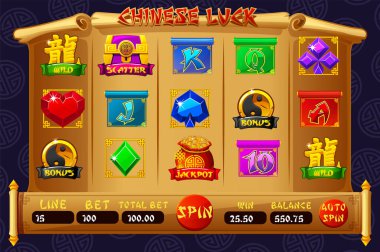 Slot oyunları için UI 'ı tamamla. Çin temalı gazino oyunu. Oyun kullanıcı arayüzü, temel düğmeleri ve 12 slot sembollü çizgi film tarzıdır..