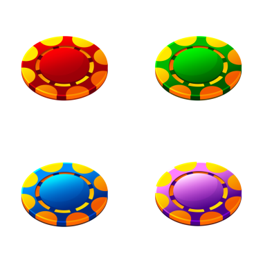 İki boyutlu oyun için renkli poker fişleri ya da jetonlar. Kumarhane, oyun tasarımı, el ilanı, poster, afiş, web ve reklam.