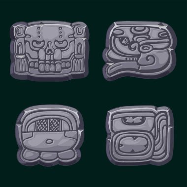 Aztek Maya uygarlığı- Akbal, face, Maya sembolü, Maya takviminin hiyeroglifleri. 2B oyun veya slot oyunlarınız için taş semboller