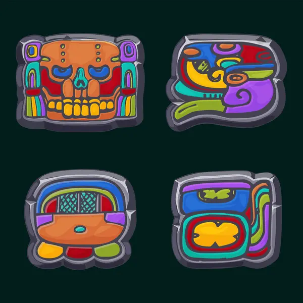 stock vector Aztec Maya civilization- Akbal, face, Mayan Glyph, hieroglyphs of the Maya calendar. Colored Stone symbols for your 2D game or slots games