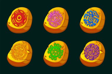 Maya ya da Aztek sembollü altın taşlar. 2B oyun veya slot oyunlarınız için altın semboller.