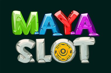 Taş mesaj - Maya yuvası. Eski Maya tema yuvası için blok harfi. Çizgi film tarzı. Temalı slot için UI tasarımı, kumar mobil uygulama kavramı