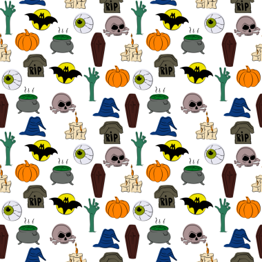 Şeffaf bir arkaplanda Cadılar Bayramı simgeleriyle kusursuz desen