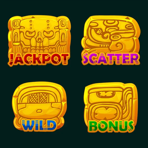 stock vector Golden or Aztec or Maya civilization- Akbal, face, Mayan Glyph, hieroglyphs of the Maya calendar. Slot Symbols Wild, Scatter, Bonus and Jackpot for your games