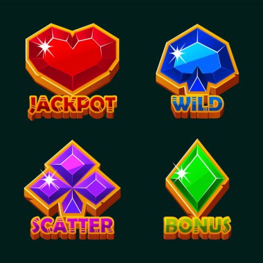 Sıradan oyununuz için kalp, maça, elmas ve sopa sembolleri. Dört ikon- BONUS, WILD, Jackpot ve scATTER slot oyunları için. 2B oyun varlıkları.