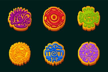 Maya or Aztec symbols, colored hieroglyphs of the Maya calendar. Icons for your for your casual game or slot. 2D game assets. clipart