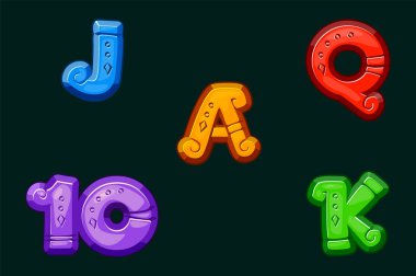 Slot sembolleri - as, kız, papaz, 10, vale. Maya ya da Aztec Style Icons 2D Oyunlar ve Kumarhane ya da Kumar makineleri için. Kumar makinelerinin geliştirilmesi için grafiksel ögeler.