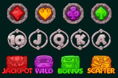 Maya ya da Aztek temalı 12 slot sembolü seti. Kumarda büyük ikramiye için ui unsuru. 2D Oyunlar ve Kumarhaneler için Taş Simgeler. Kumar makinelerinin geliştirilmesi için grafiksel ögeler