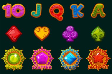 Maya ya da Aztek temalı 12 slot sembolü seti. Kumarın için renkli Ui unsurları. 2D Oyunlar ve Kumarhaneler için Stil Simgeleri. Kumar makinelerinin geliştirilmesi için grafiksel ögeler.