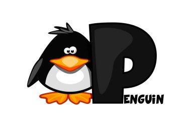 Penguen çizgi filmi ve P harfi, eğitim için kart. Hayvan, P harfiyle başlar. Hayvan alfabesi kartı. P harfini öğreniyorum. Çocuk eğitimi.