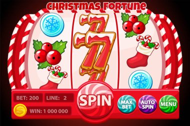 Noel serveti, SLOT makine arayüzü Noel simgeleriyle. Şeker makineli pankart ve zencefilli çörek 7, böğürtlen, bozuk para ve oyunlarınız için Noel çorap yuvası sembolleri