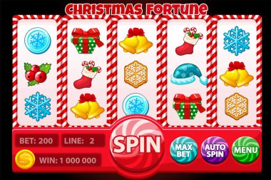 Noel serveti, SLOT makine arayüzü Noel simgeleriyle. Şeker makineli pankart ve hediye kutusu, Noel şapkası, bozuk para, böğürtlen, kar tanesi, oyunlarınız için Noel çorabı slot sembolleri