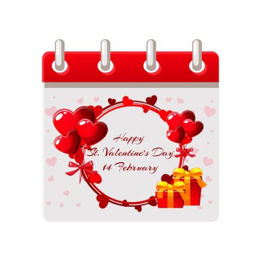 Kalp çelenkleri, balonlar ve hediye kutularıyla Sevgililer Gününüz kutlu olsun. İllüstrasyon Sevgililer Günü Tasarımı Tebrik kartı veya davetiyeniz için Mutlu Sevgililer Günü