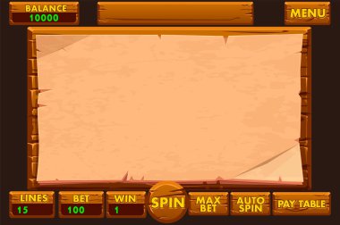 Tahta oyun kullanıcı arayüzü, oyun geliştirmeniz için temel tuşlara sahip çizgi film tarzıdır. Kumarhane kumar makinesi UI tasarımı. Kumarhane veya 2B oyun için kumar mobil uygulama kavramı.