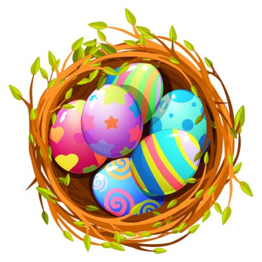 Kartvizitiniz, çıkartmalarınız, davetiyeleriniz ve diğer tasarımlarınız için kuş yuvasında paskalya yumurtaları. Çizgi film tarzında vektör illüstrasyonu.