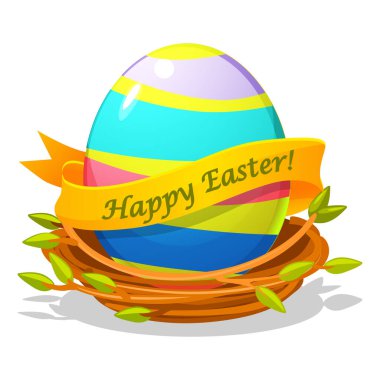 Kutlama kartlarınız, çıkartmalarınız, davetiyeleriniz ve diğer tasarımlarınız için kuş yuvasında paskalya yumurtası. Çizgi film tarzında vektör illüstrasyonu