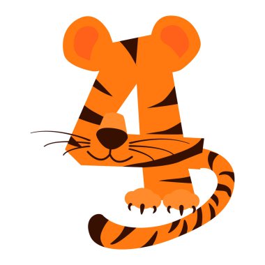 Kaplan gibi 4 numaralı çizgi film, figür dört. Hayvan konseptli bir sayı karikatürü. Eğitim kartlarınız için kaligrafi, harf, tipografi, tebrik kartı veya oyun,